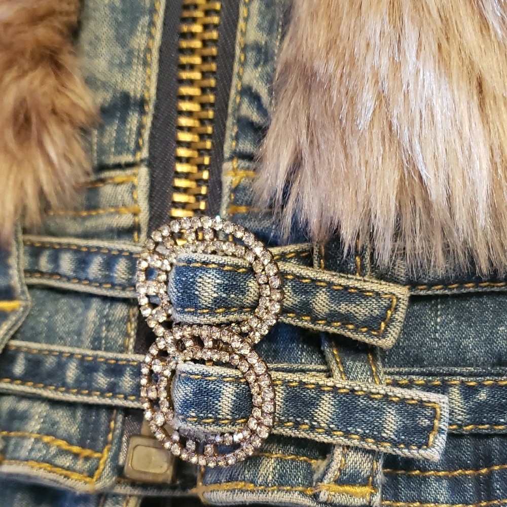 Baby Phat Y2K Blue Denim Jacket with Taupe Faux Fur Trim, RARE Item! - Picture 10 of 13